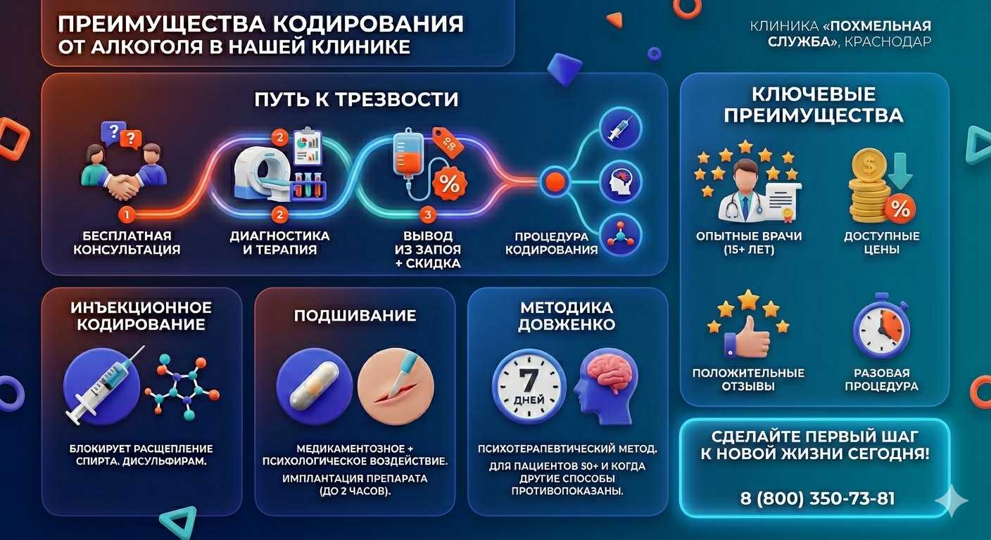 Инфографика о методах кодирования от алкоголя в Елабуге: инъекции, подшивание, метод Довженко. Преимущества клиники и этапы лечения.