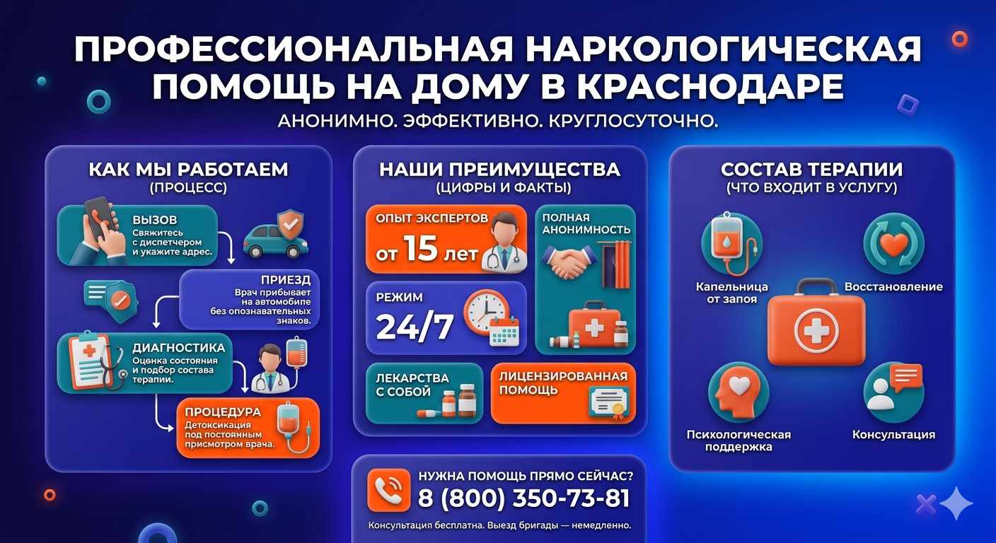 Инфографика о принципах лечения алкоголизма на дому в Елабуге: этапы вызова нарколога, преимущества анонимной детоксикации и состав медицинской помощи.